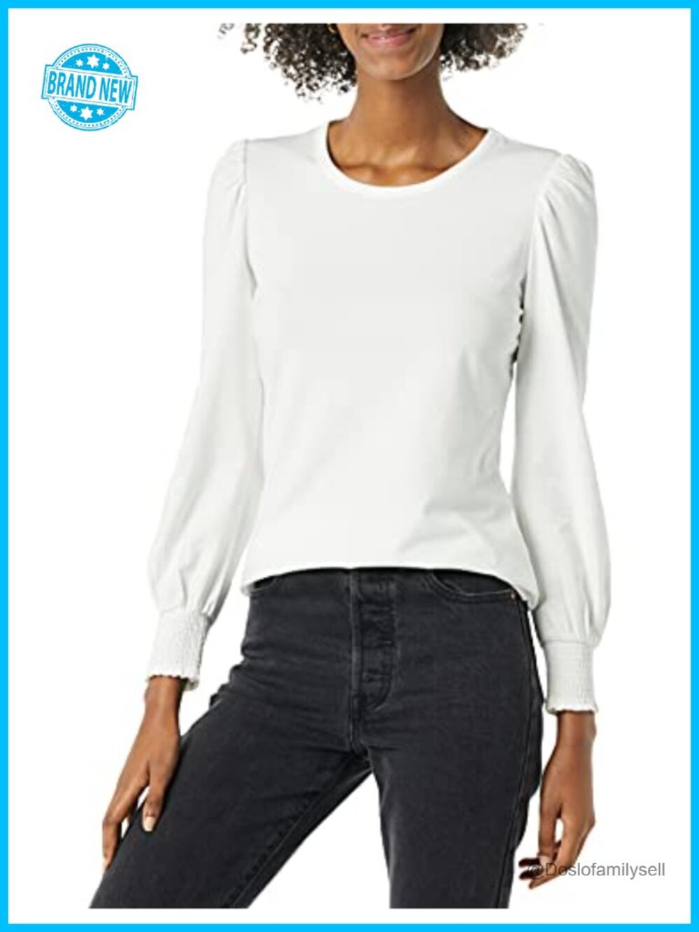 Women's Long Sleeve Crewneck Smocked Cuff T-Shirt Cotton Modal Blouson Sleeve